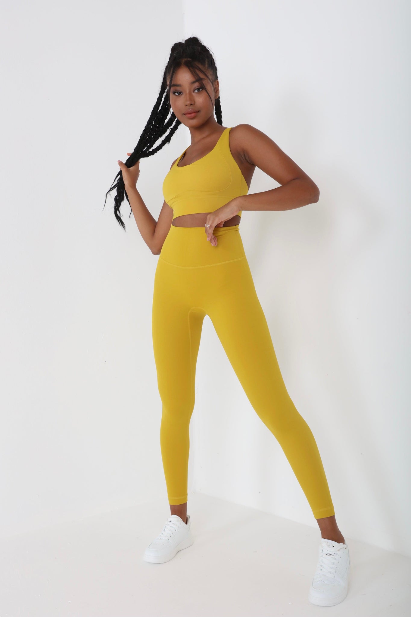 JUV fresh legging in mustard color, full body front view.