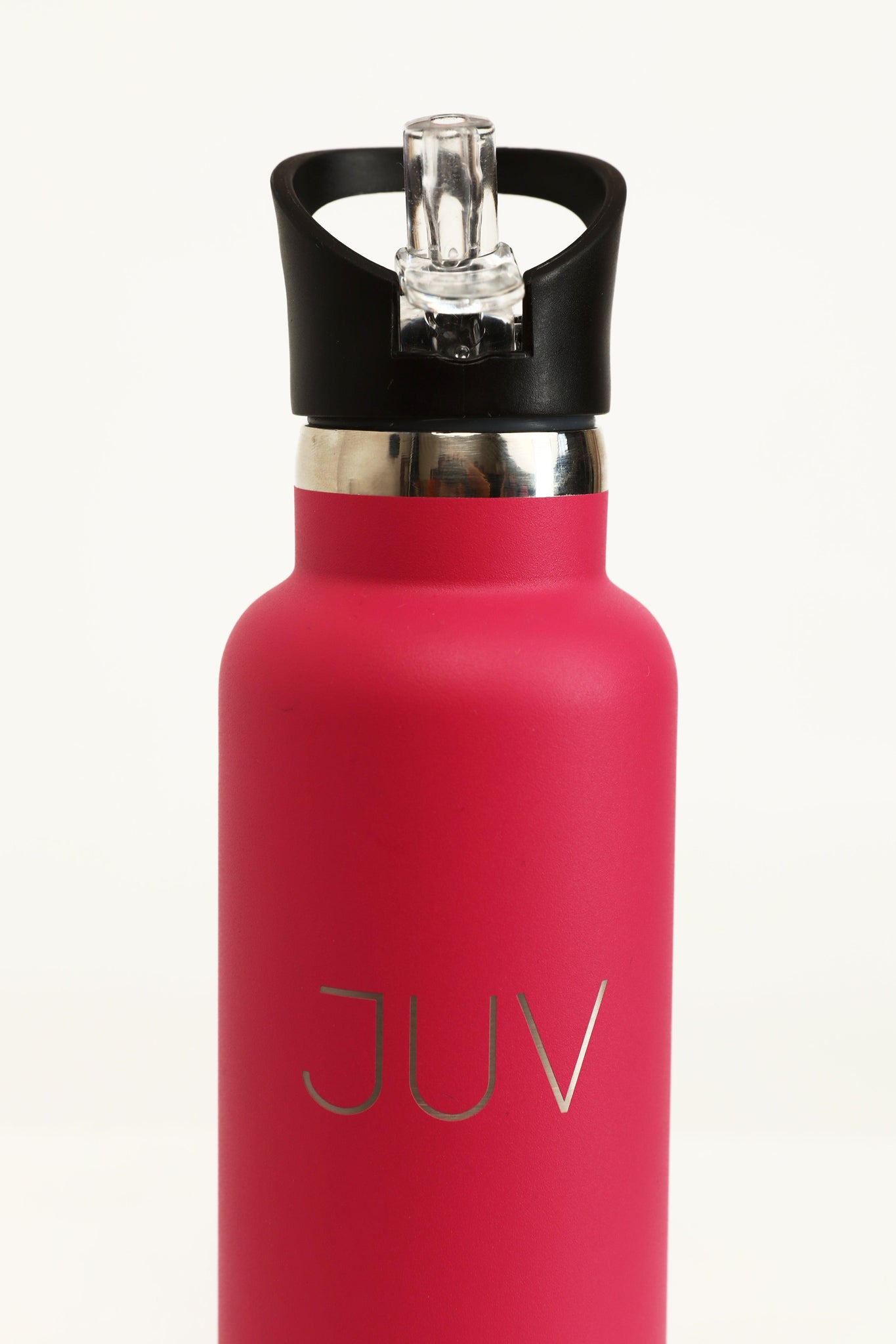 JUV pure thermal bottle with sipper in pink, close up front view.