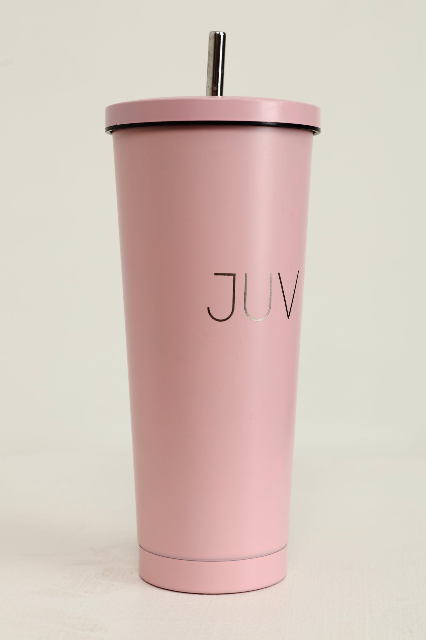 JUV lady thermal cup in pink, front/side view.