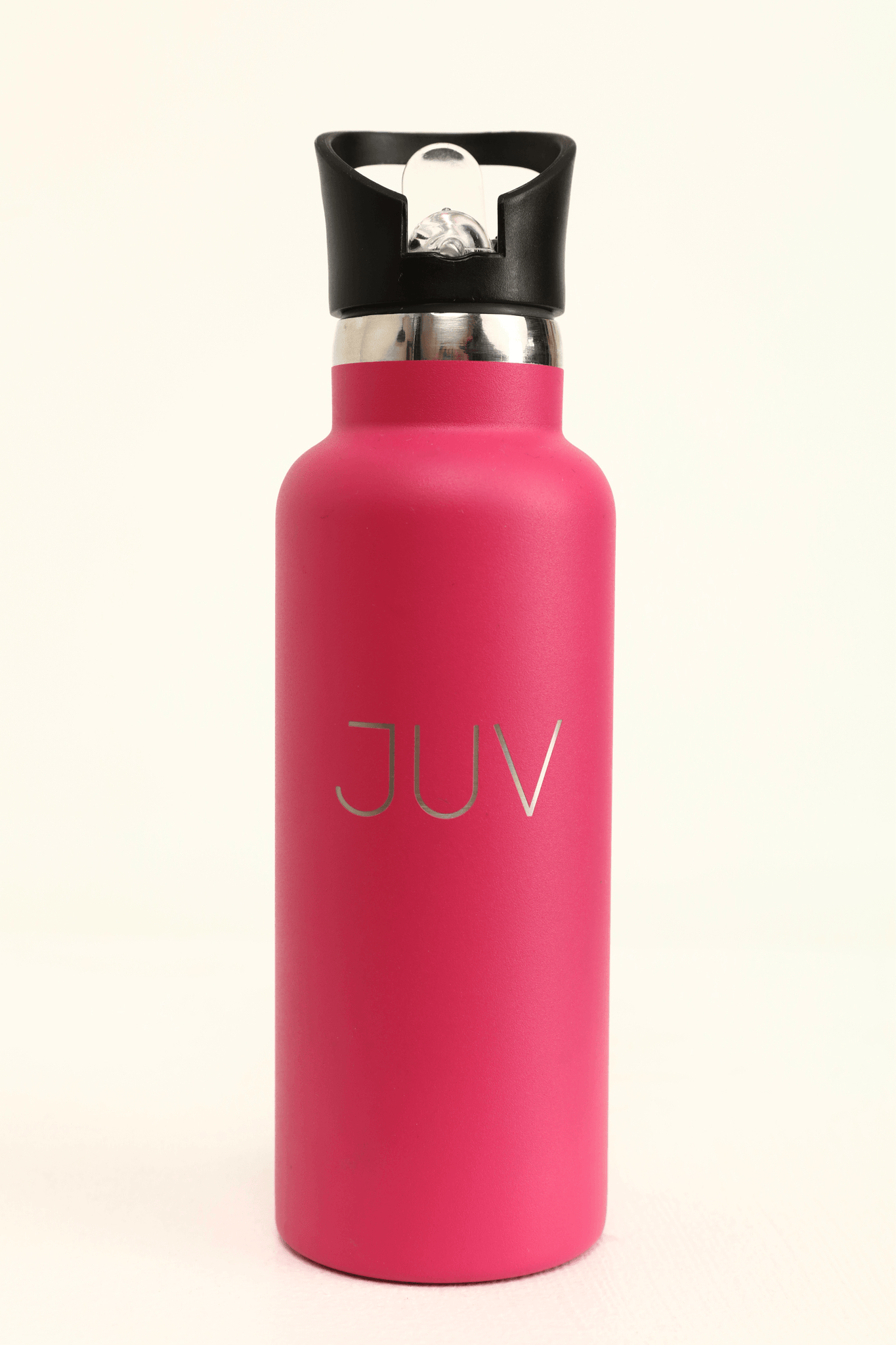 JUV pure thermal bottle with sipper in pink, front view.